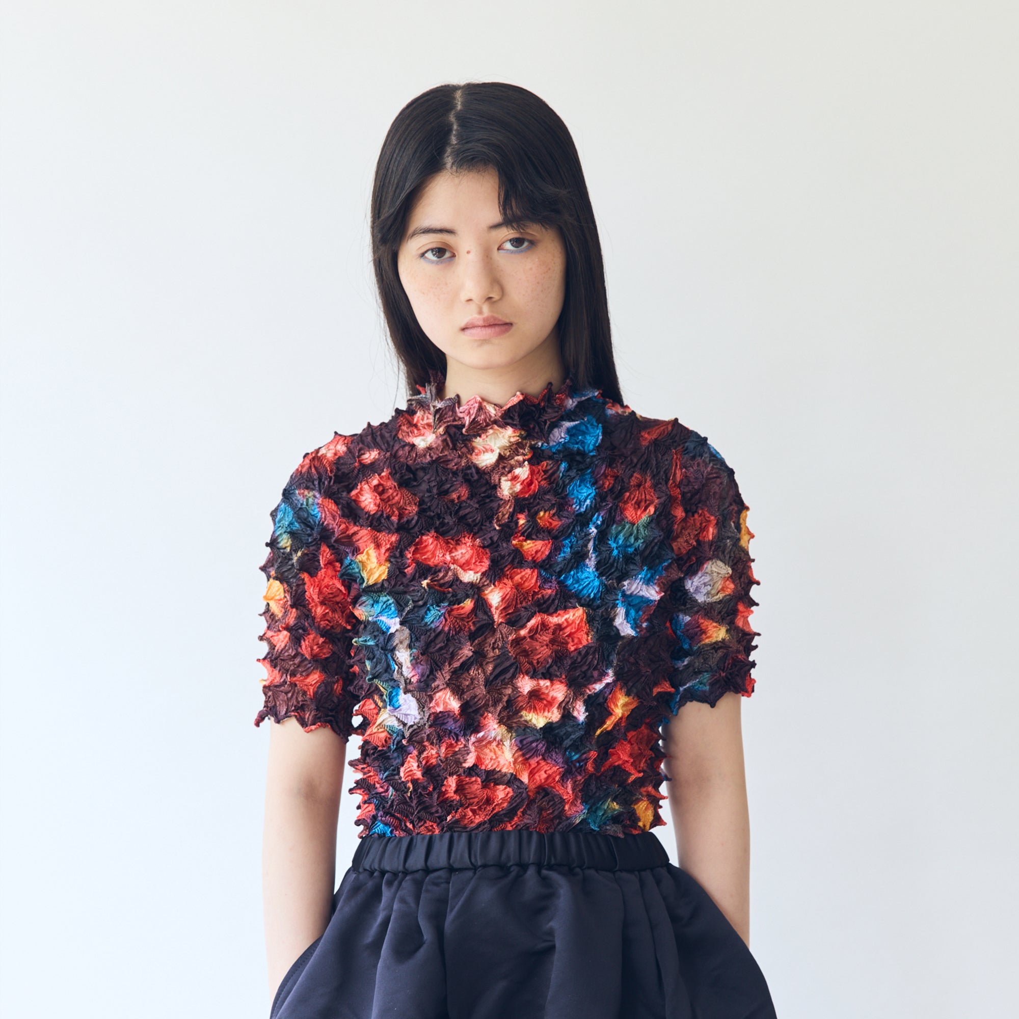 Spiky Shibori Short Sleeve Satin Top - Blended Colors