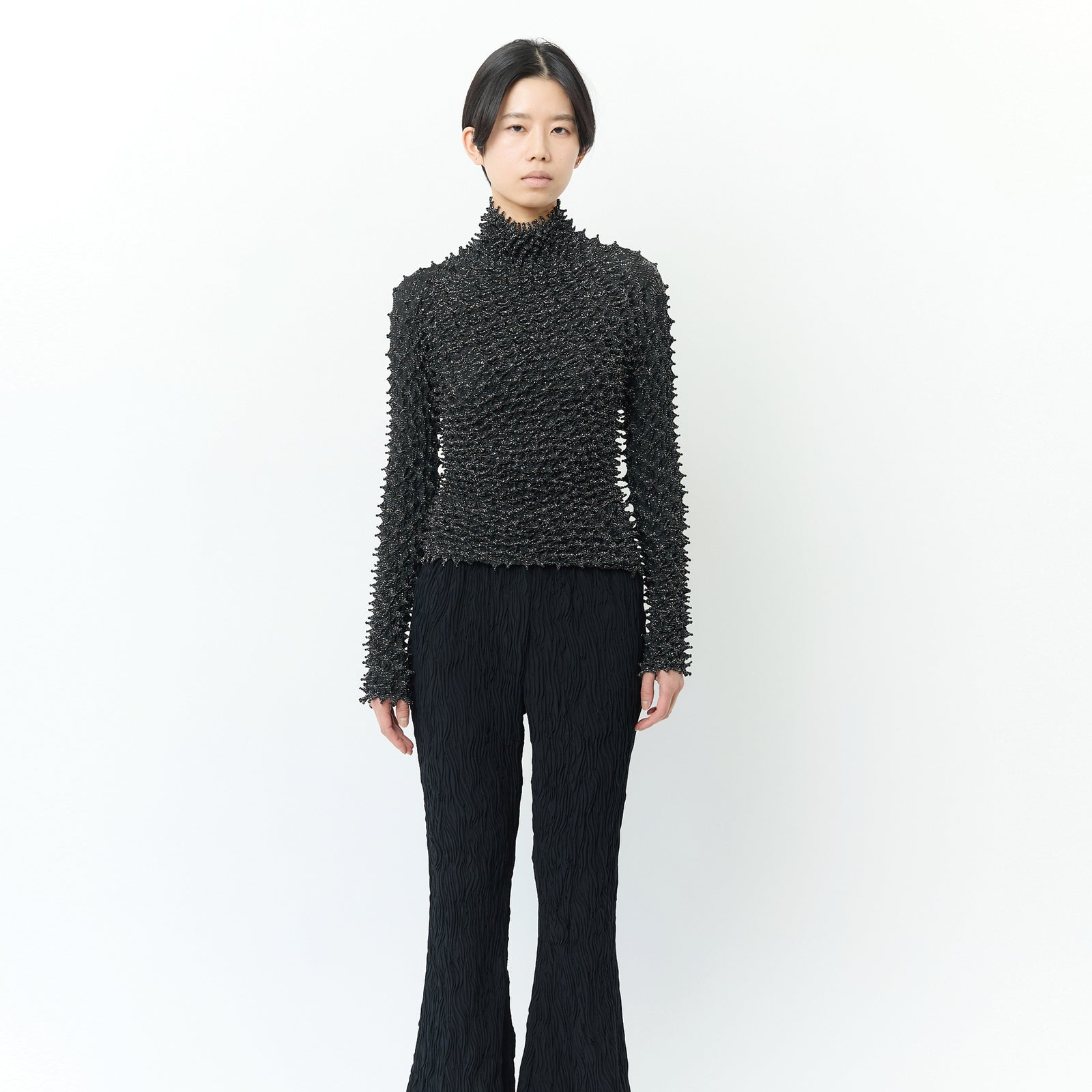 Spiky Shibori Long Sleeve Turtleneck Tops - Lamé Lace