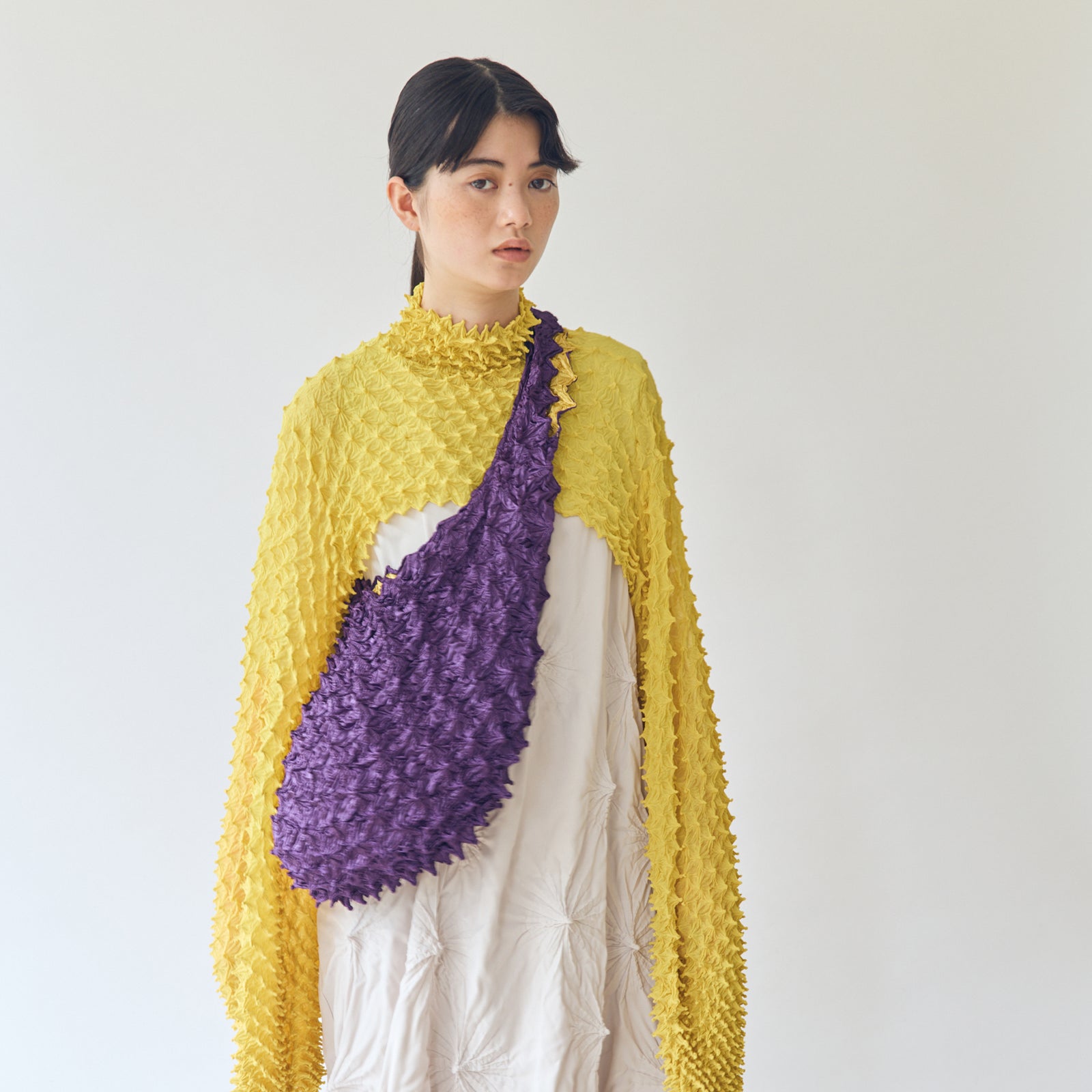 Spiky Shibori Super Crop Top with Bell Sleeves - Solid Color Chiffon