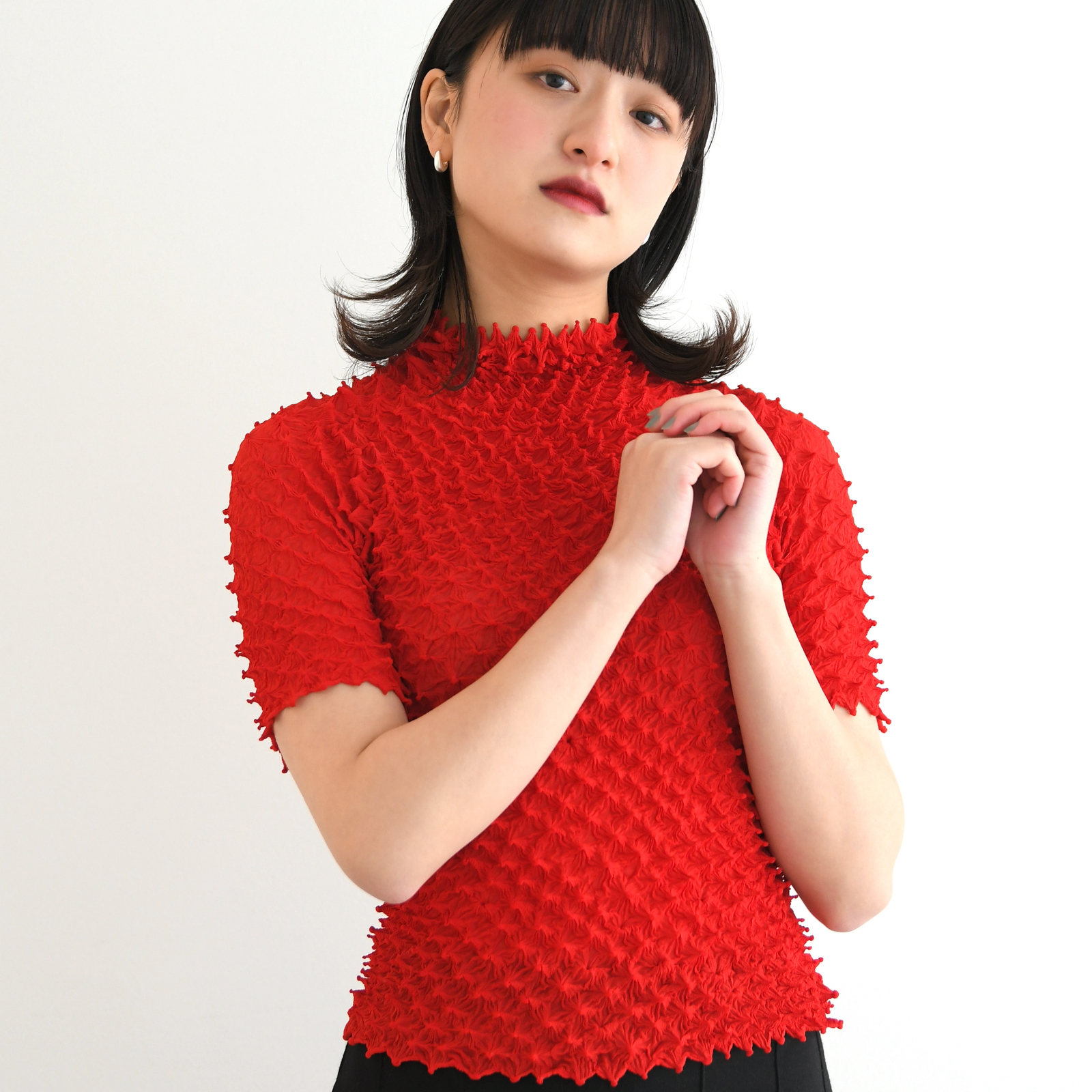 Spiky Shibori Short Sleeve Top - Chiffon, Solid Color